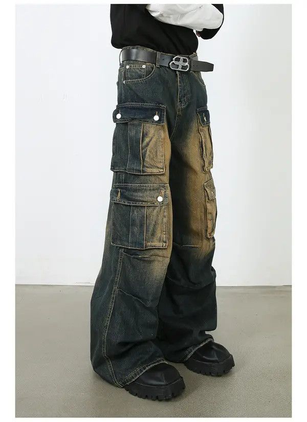 Japanese Brand Vintage washed distressed loose multi-pocket work jeans Size US 32 / EU 48 - 4 Thumbnail