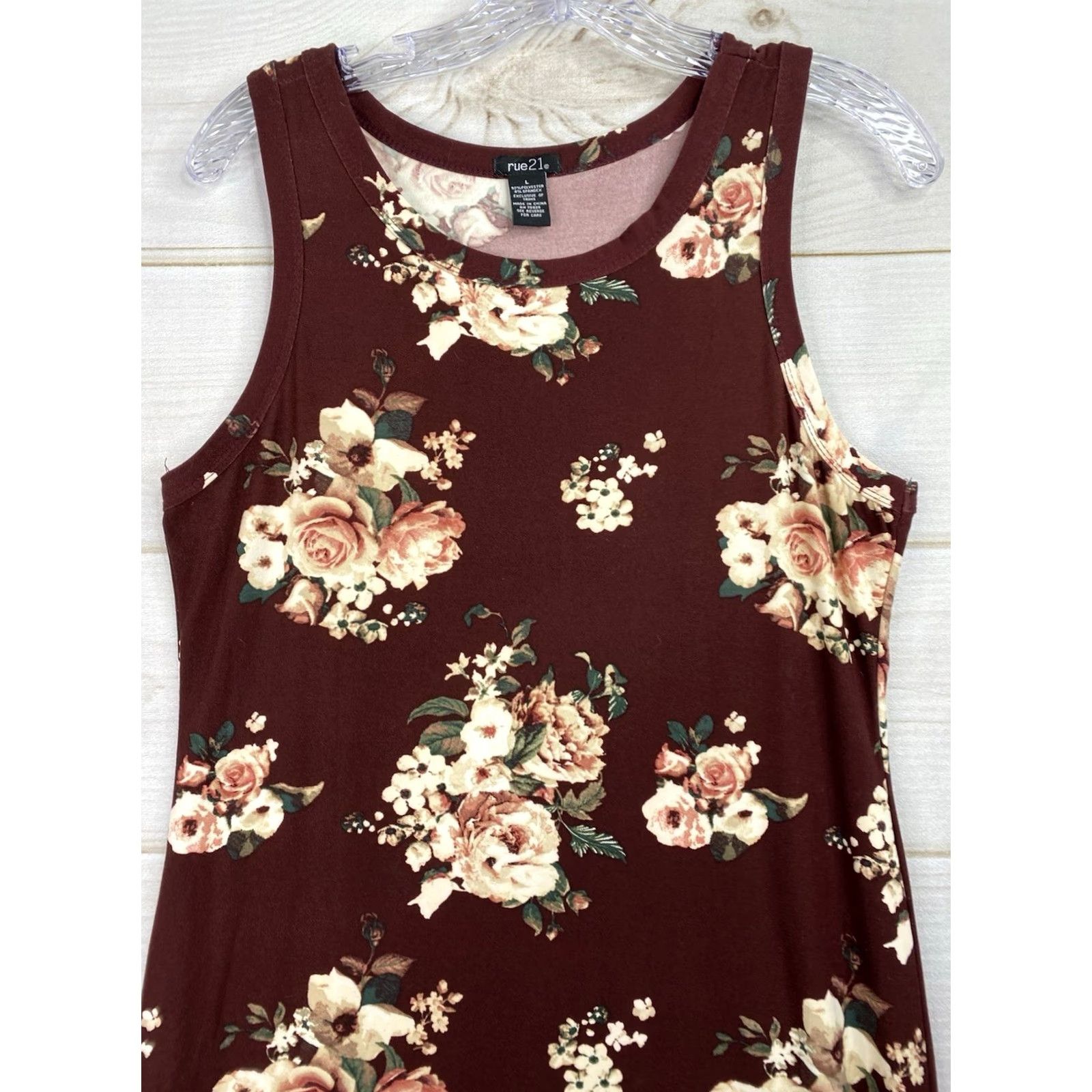 Vintage Rue 21 Shift Tank Dress L Burgundy Floral Sleeveless Knit Midi Straps Boho Casual Travel Womens Summer 90s Theme Rose Vintage: No Size L / US 10 / IT 46 - 2 Thumbnail