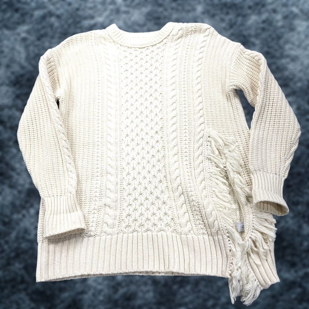 J.Crew J.CREW Sweater Womens Medium White Cable-Knit Fringe Tunic Long Sleeve Crew Neck Heavyweight Cotton Nylon Wool Size M / US 6-8 / IT 42-44 - 1 Thumbnail