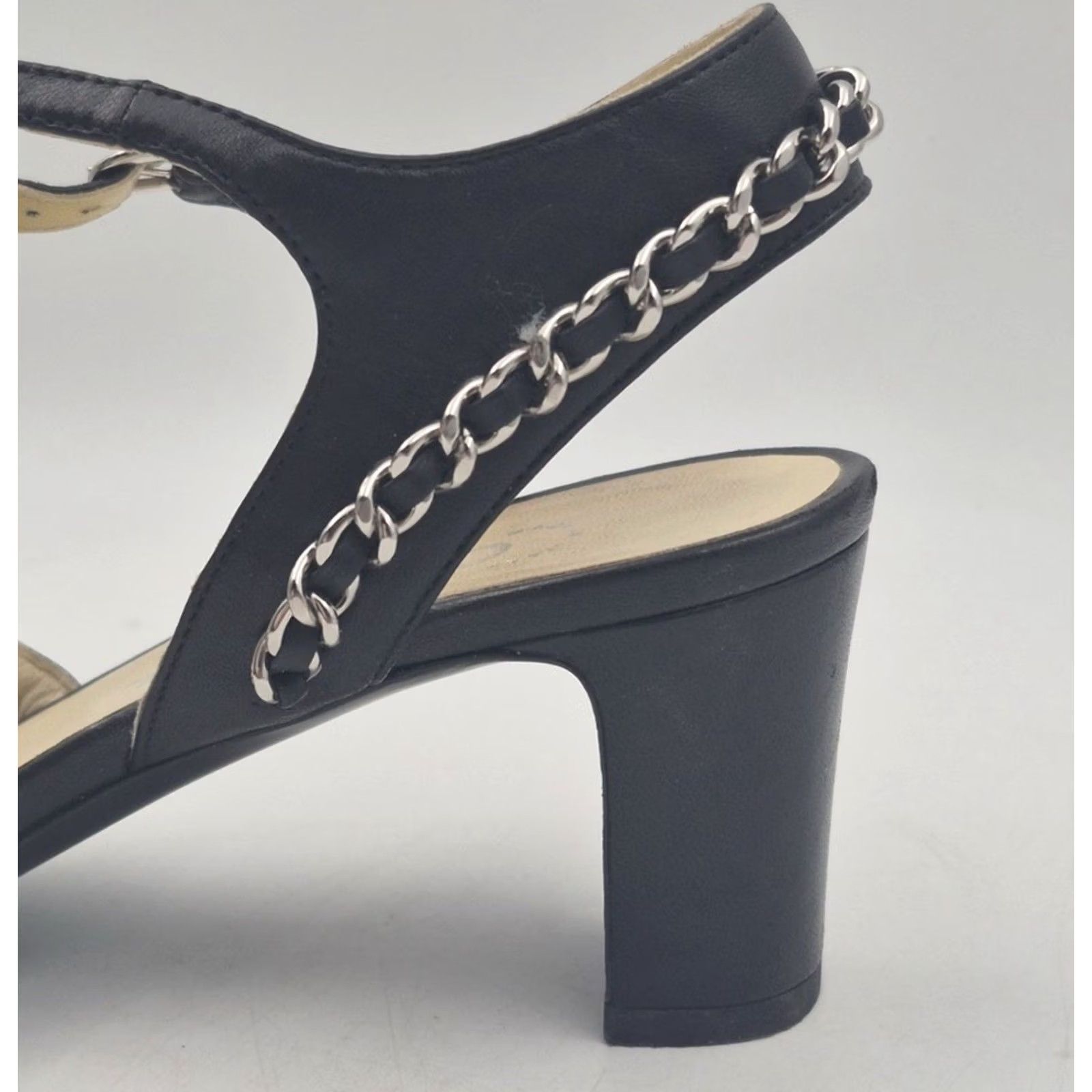Chanel CHANEL Black Chain T-Strap Sandal Heels 39.5 US 8.5 Silver CC Block Heel Strappy Leather Women Mens Girls Size US 9 / IT 39 - 4 Thumbnail