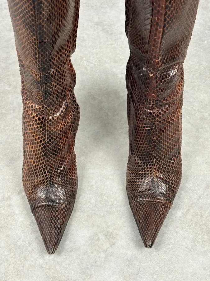 Dolce & Gabbana 2000s Dolce & Gabbana Brown Python Leather Knee-High Heeled Boots Size US 8 / IT 38 - 4 Thumbnail