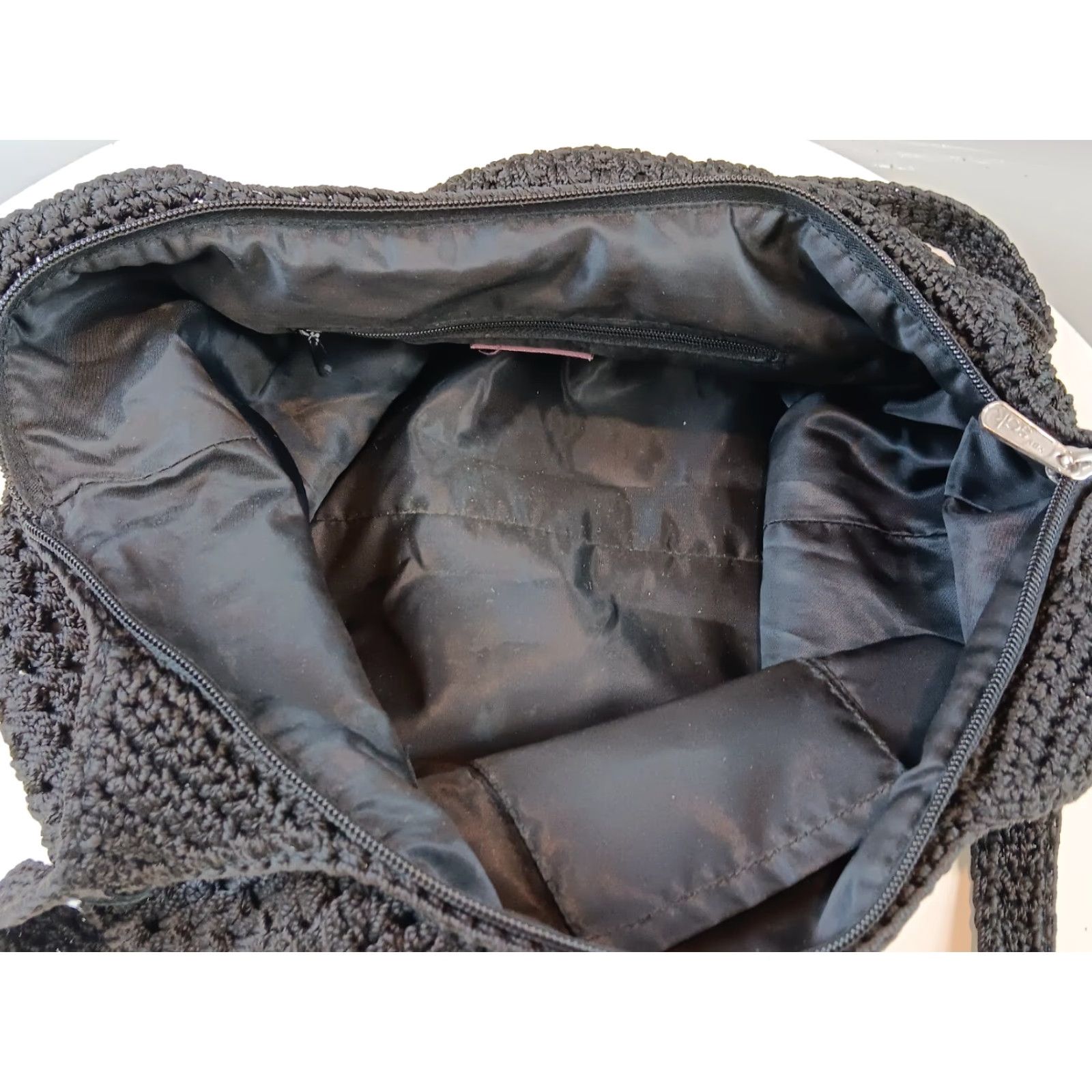 The Sak The Sak Crochet Handbag Black Purse Top Handle Bag Medium 12in x 10in Zip Lined Inner Pockets Double Handles Silver Hardware Womens Size ONE SIZE - 7 Thumbnail