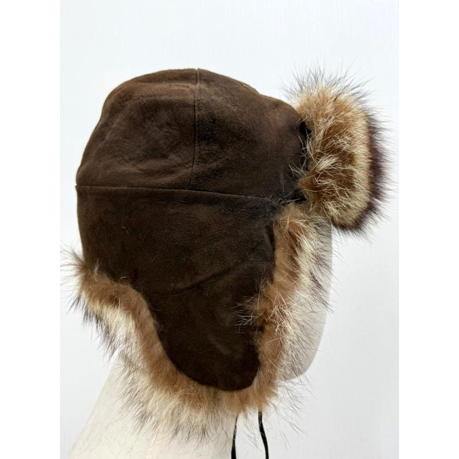 Vintage Vintage Italian Leather Trapper Hat - Real Fur Sheepskin Bomber Caps, Ear Flap, 1 Size, Brown, Men, Winter/Fall, Solid Pattern Size ONE SIZE - 2 Thumbnail