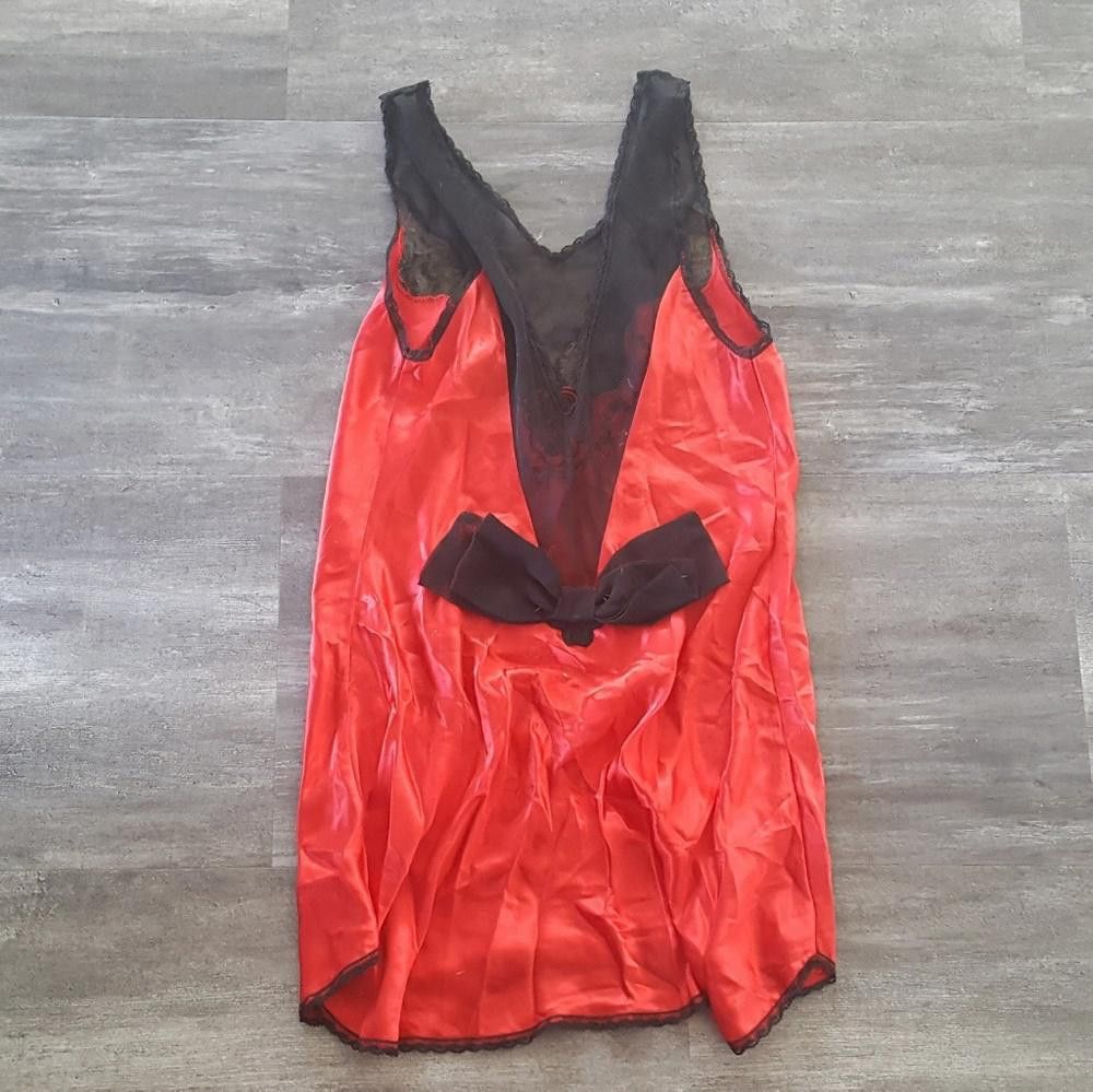 Designer Red Black Bow Detailed Silk Chemise Size ONE SIZE - 2 Thumbnail