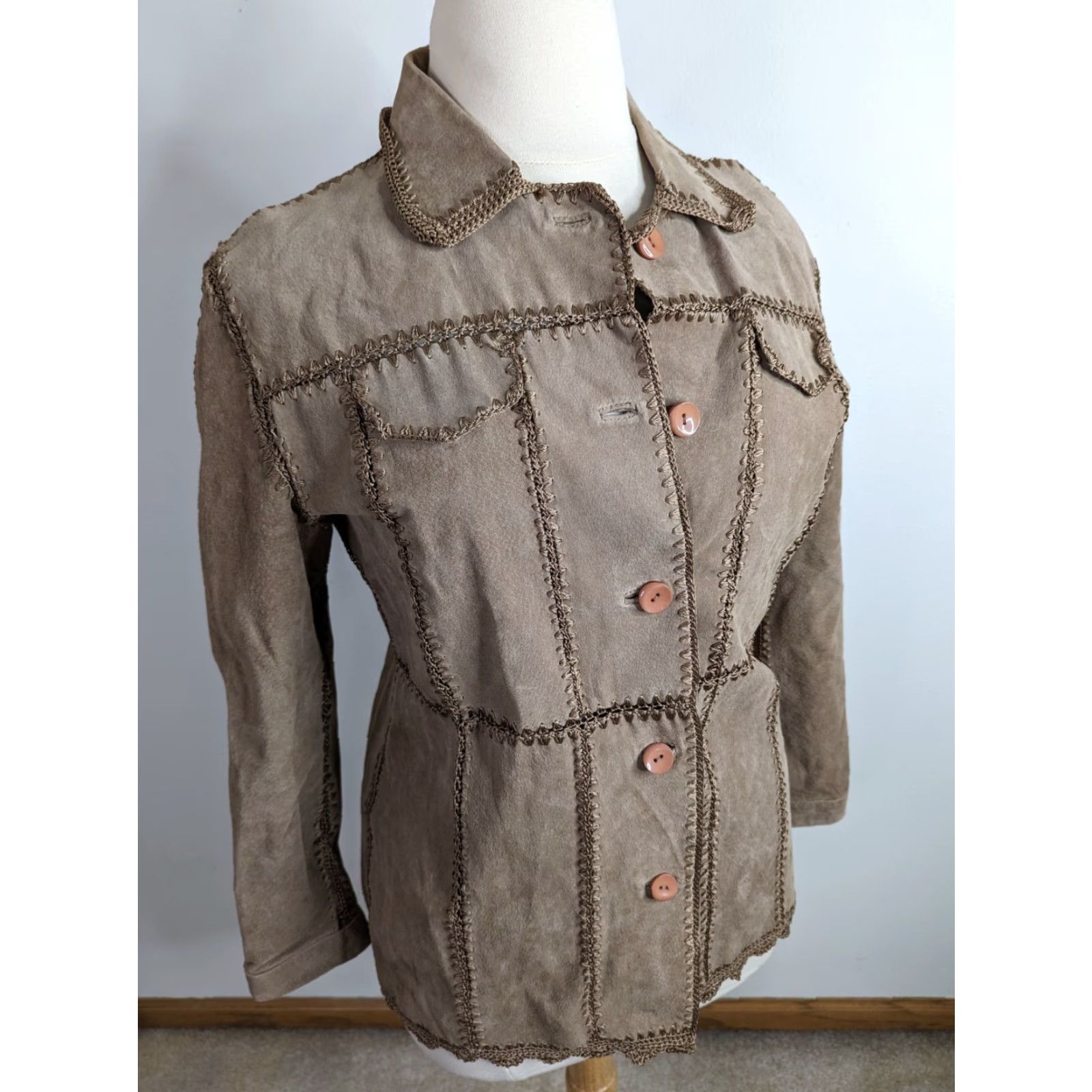 Vintage VINTAGE Y2K Suede Leather Crochet Patchwork Shirt Jacket Coat Blazer Large Brown Size L / US 10 / IT 46 - 2 Thumbnail