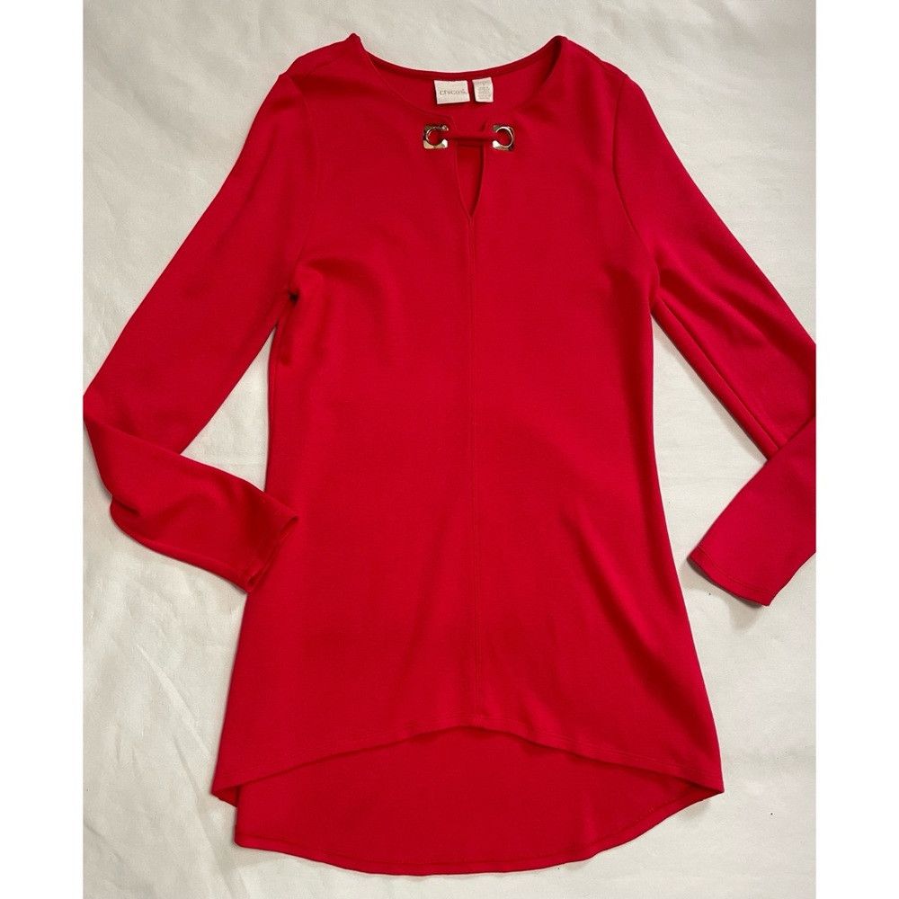 Chicos Chico's Red V-Neck Gold Accent Rayon Tunic Size 1 US M Size M / US 6-8 / IT 42-44 - 8 Thumbnail