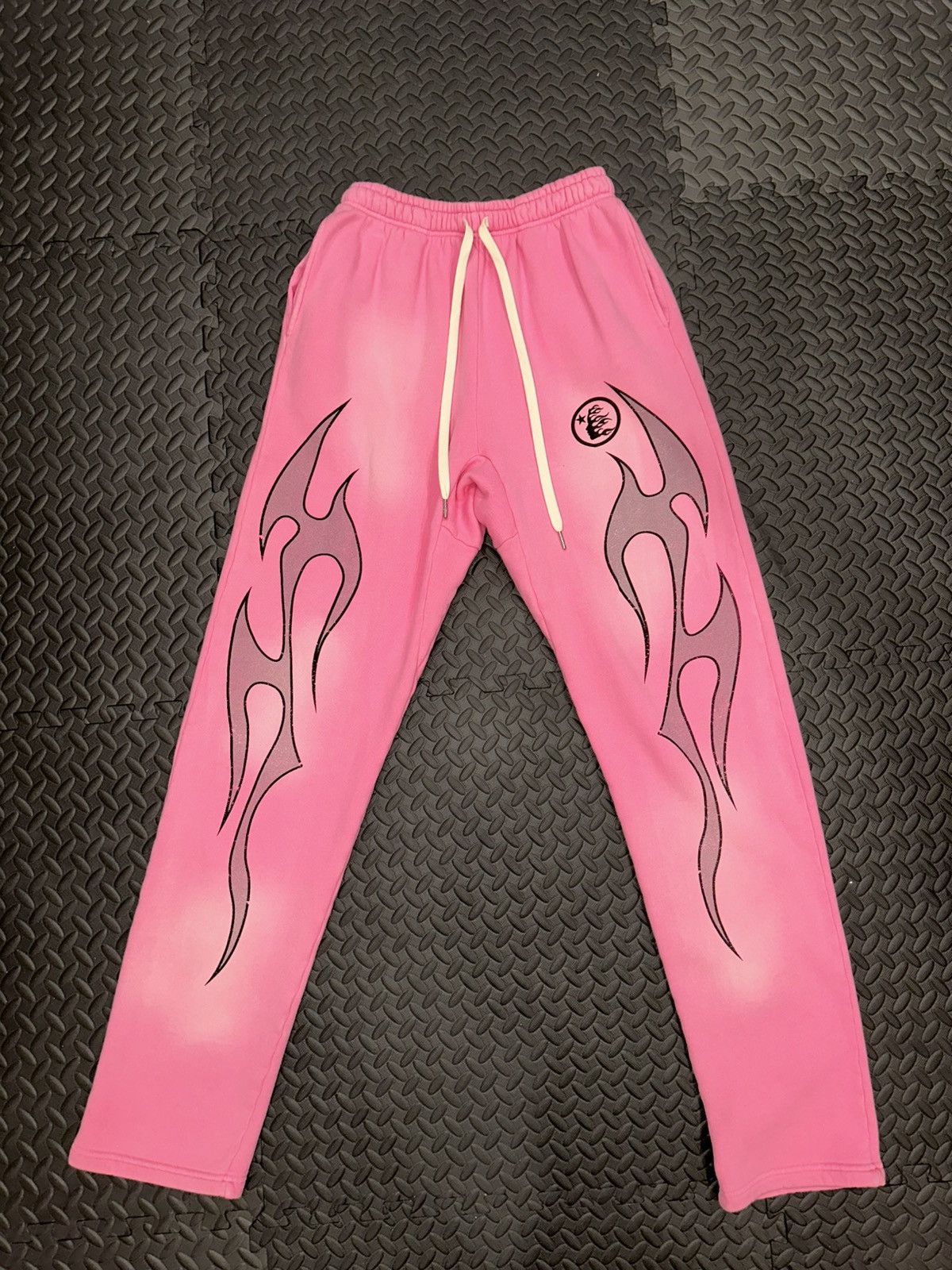 Blue sweatpants with pink flames hotsell