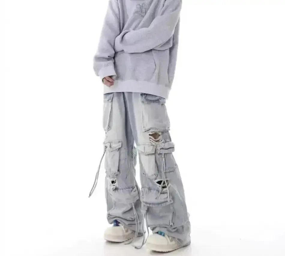 Japanese Brand Retro heavy industry beggar ripped workwear wide leg jeans Size US 32 / EU 48 - 6 Thumbnail