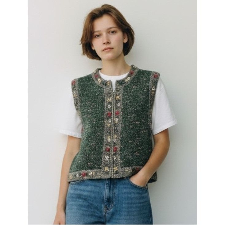 Vintage Vintage St. John’s Bay Green Wool Knit Vest with Floral Embr Size L / US 10 / IT 46 - 1 Thumbnail