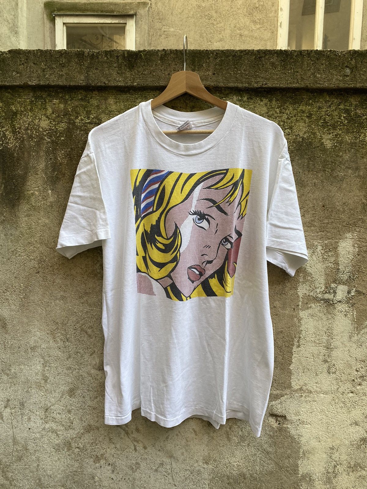 image of Andy Warhol Roy L Claes O x Art Vintage 90's Roy Lichtenstein Girl With Hair Ribbon Art Tee in Whit