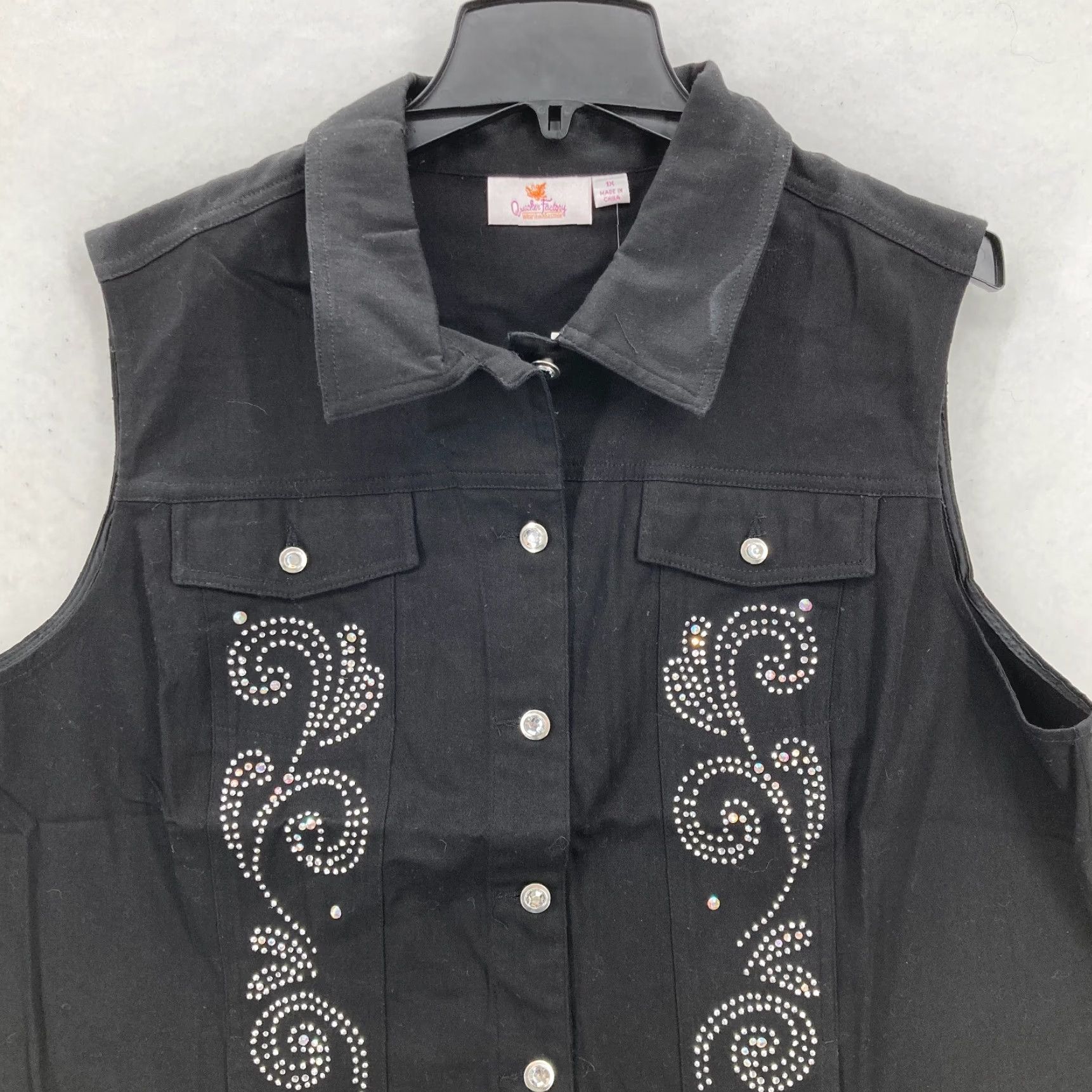 Quacker Factory Quacker Factory Black Twill Vest 1X Rhinestone Embellished Button Front Western Size XL / US 12-14 / IT 48-50 - 2 Thumbnail