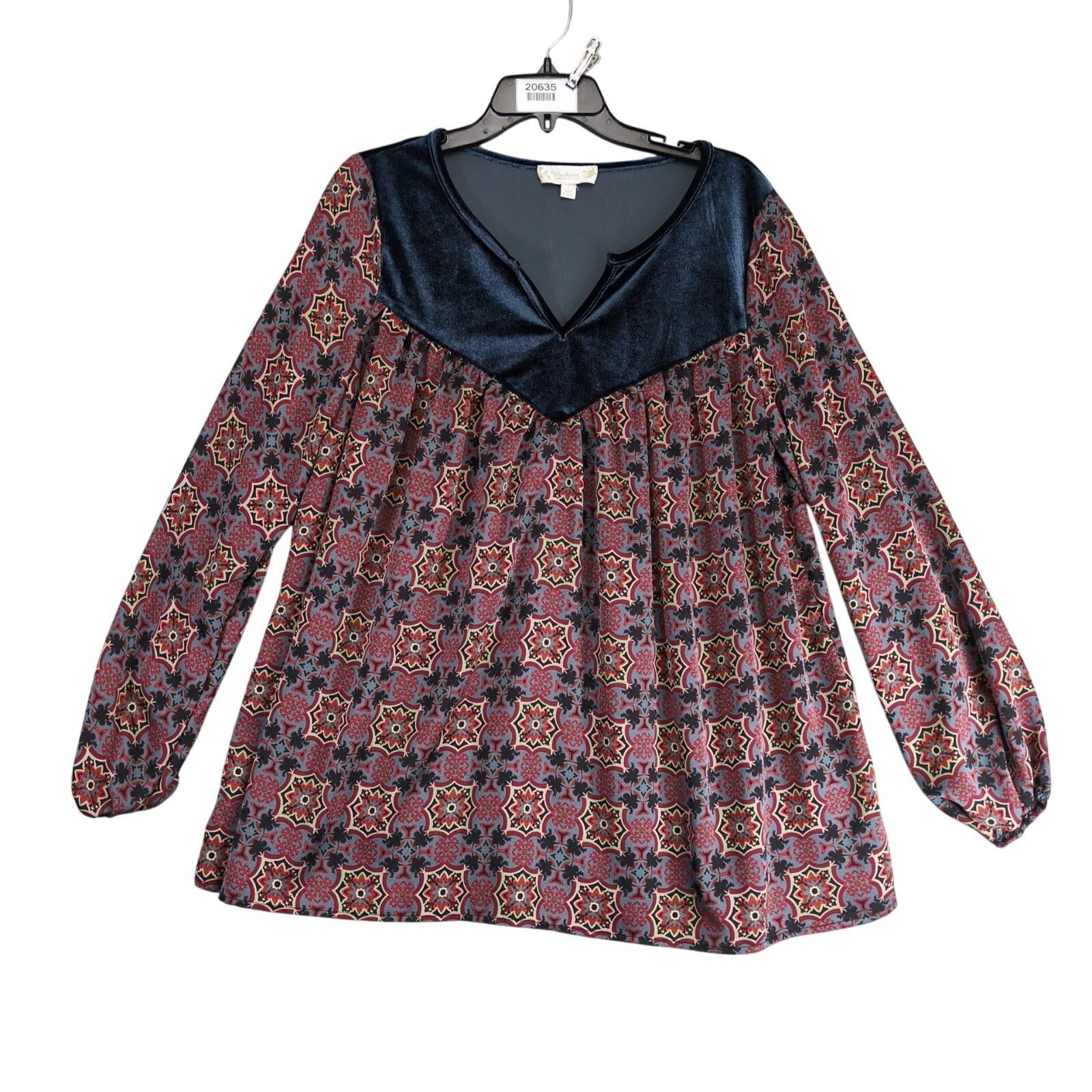 Other Weekend Suzanne Betro Navy Velvet Batik Print Blouse Women's Size L / US 10 / IT 46 - 1 Thumbnail