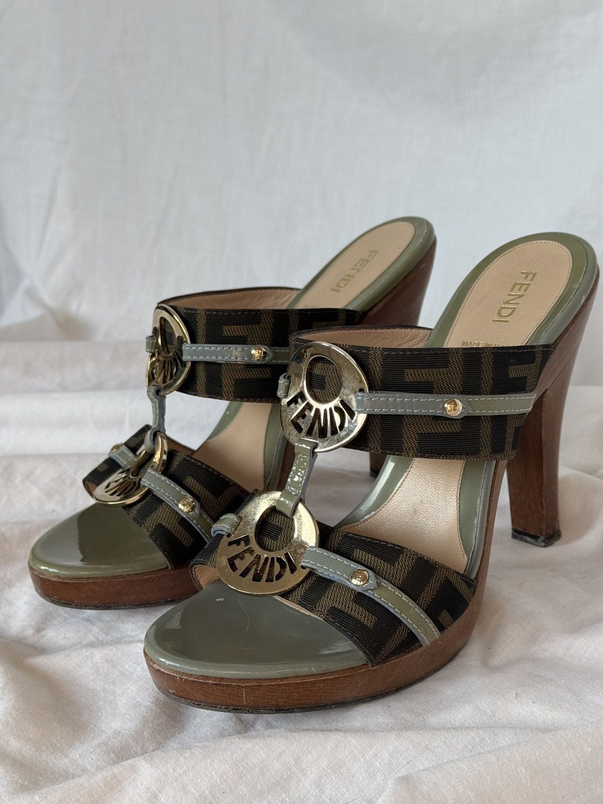 Fendi Fendi Tobacco Canvas Leather Trim Logo Wooden Mules Clogs Size US 7 / IT 37 - 4 Thumbnail