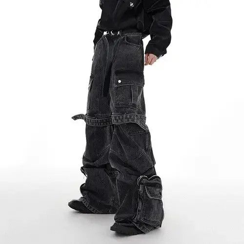 Japanese Brand Washed Multi Pocket Strap Wide Leg Denim Pant Size US 29 - 3 Thumbnail