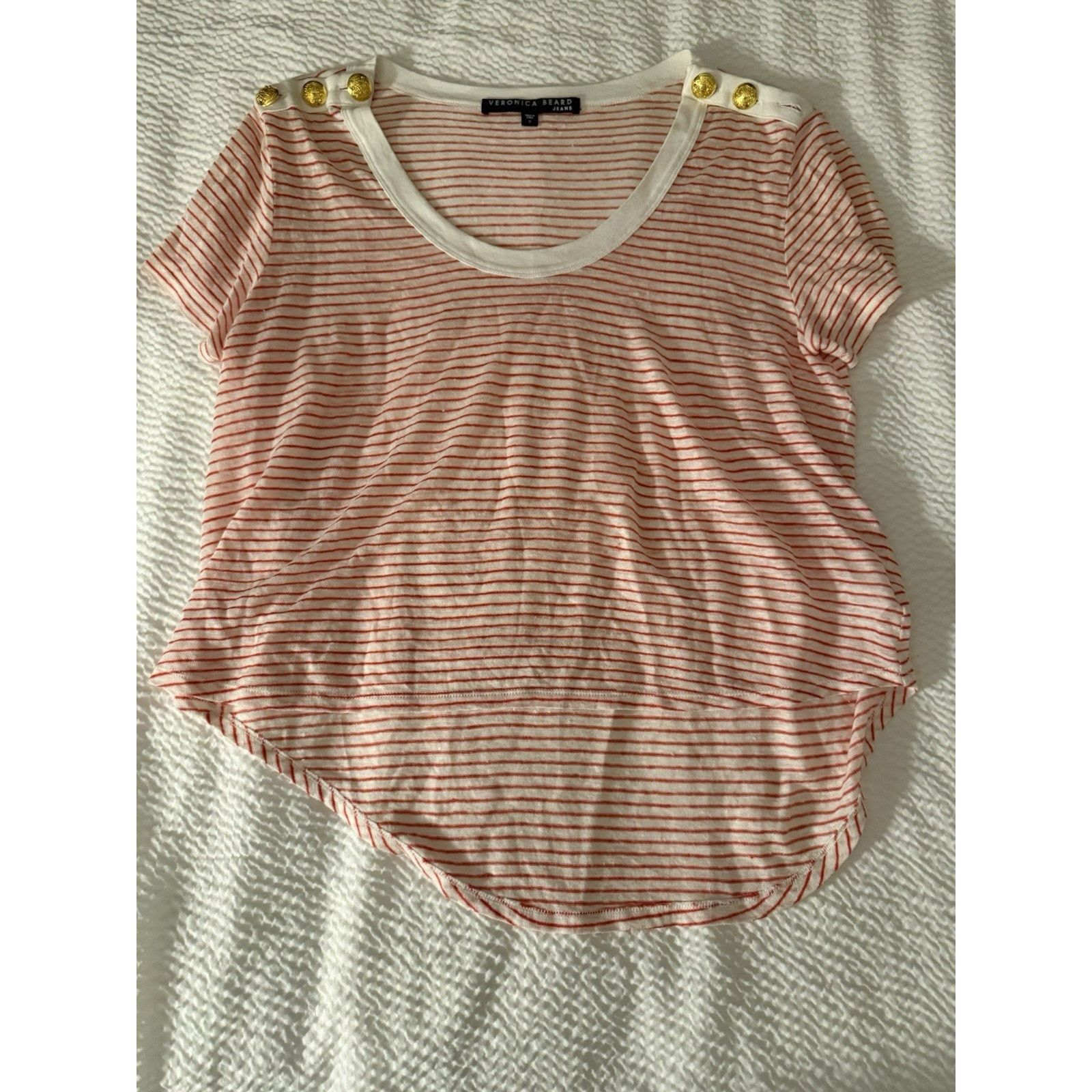 Veronica Beard Veronica Beard Red Striped Linen Scoop T Shirt Gold Buttons Size S / US 4 / IT 40 - 2 Thumbnail