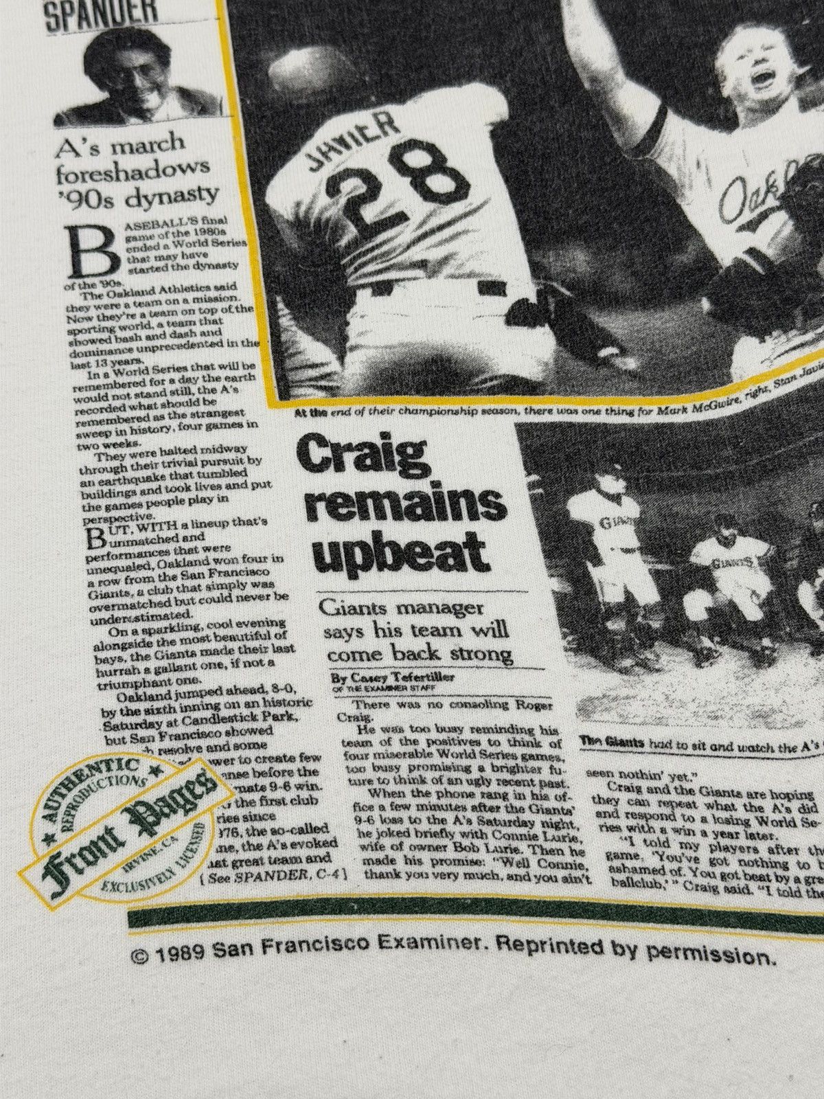 MLB Vintage 1989 Oakland Athletics World Series Newspaper Tee L Size US L / EU 52-54 / 3 - 8 Thumbnail