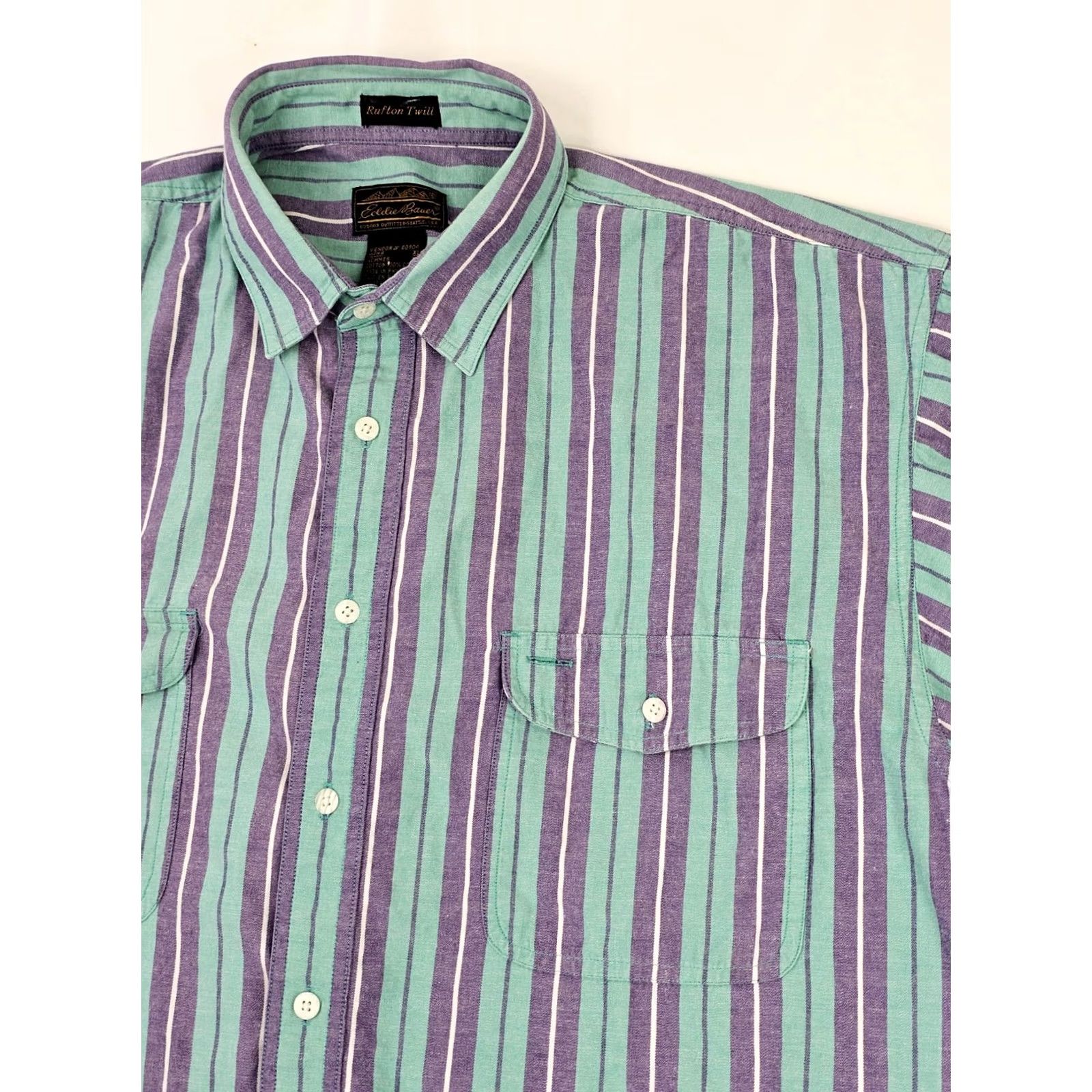 Eddie Bauer VINTAGE Eddie Bauer Rufton Twill Shirt Men XL Turquoise Purple Striped Cotton Button-Up Short Sleeve Retro Pol o Shirt? Size US XL / EU 56 / 4 - 3 Thumbnail