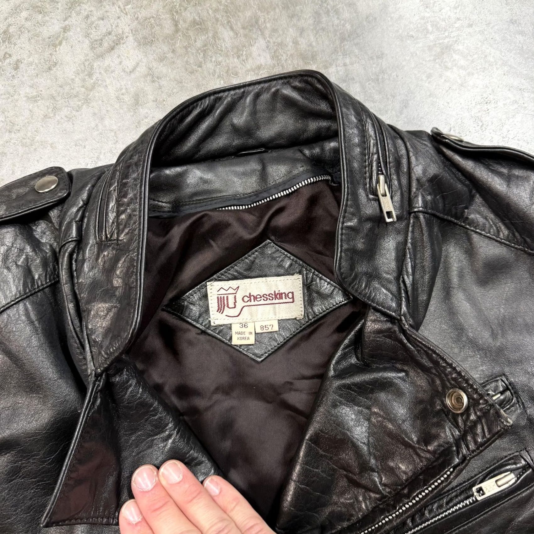 Ring Jacket VINTAGE Chess King Jacket Mens 36 Black Leather Motorcycle Biker Rock Zip 80s Size US XXS / EU 40 - 5 Thumbnail