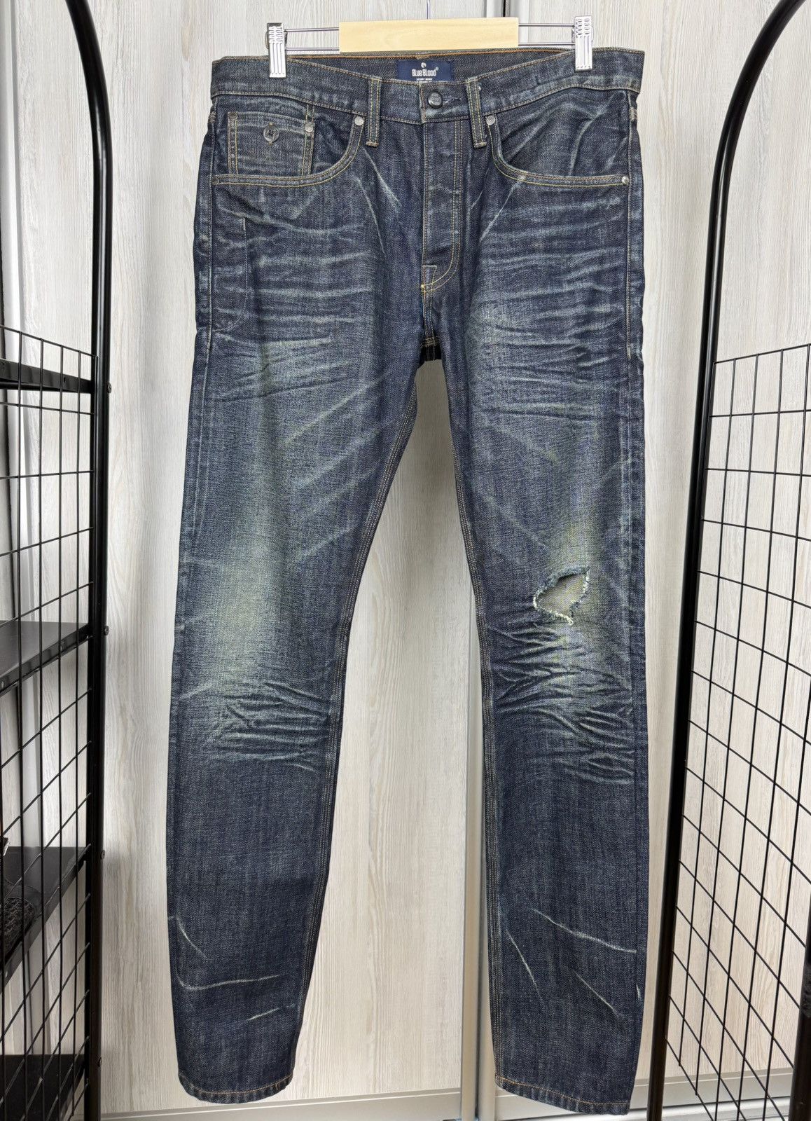 Blue Blood indigo blue faded distressed selvedge denim jeans