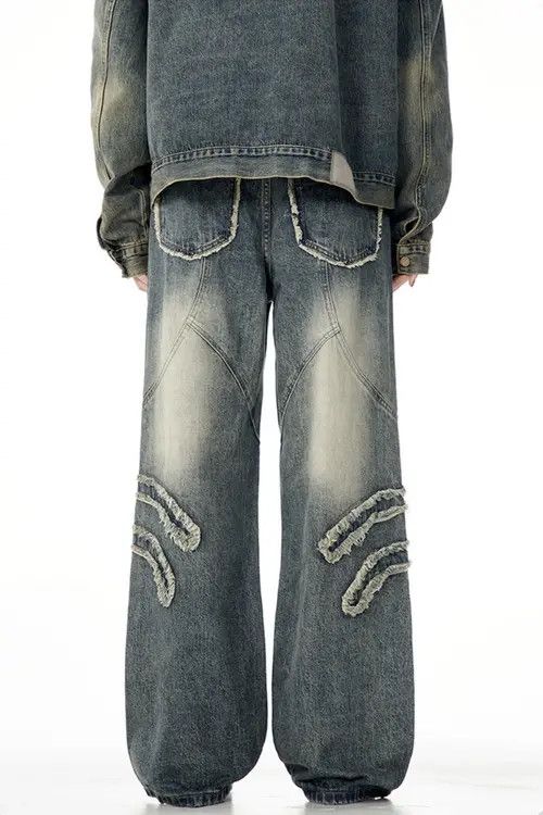 Jean Vintage Blue Graphic Splicing Baggy Jeans Size US 33 - 2 Thumbnail