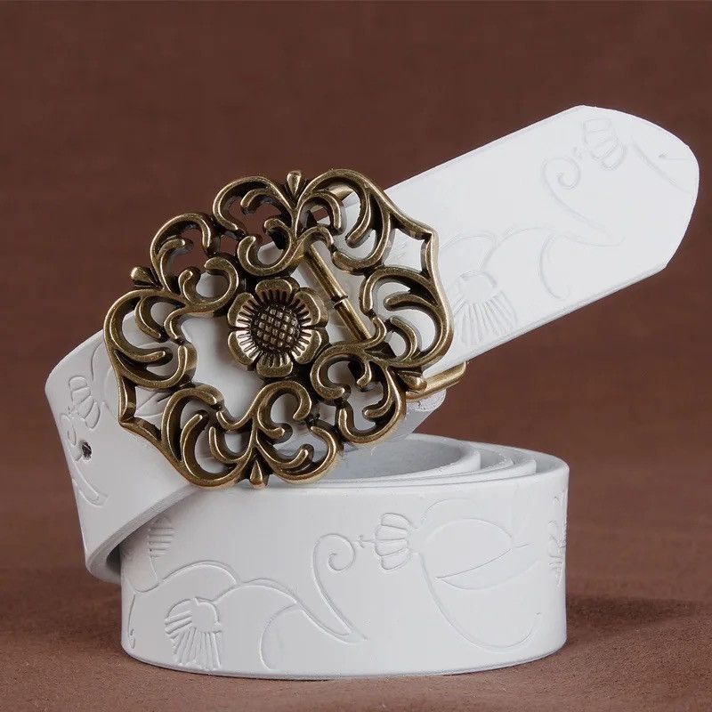 image of Vintage Fancy Floral Curved Buckle Genuine Leather Belt in White, Women's