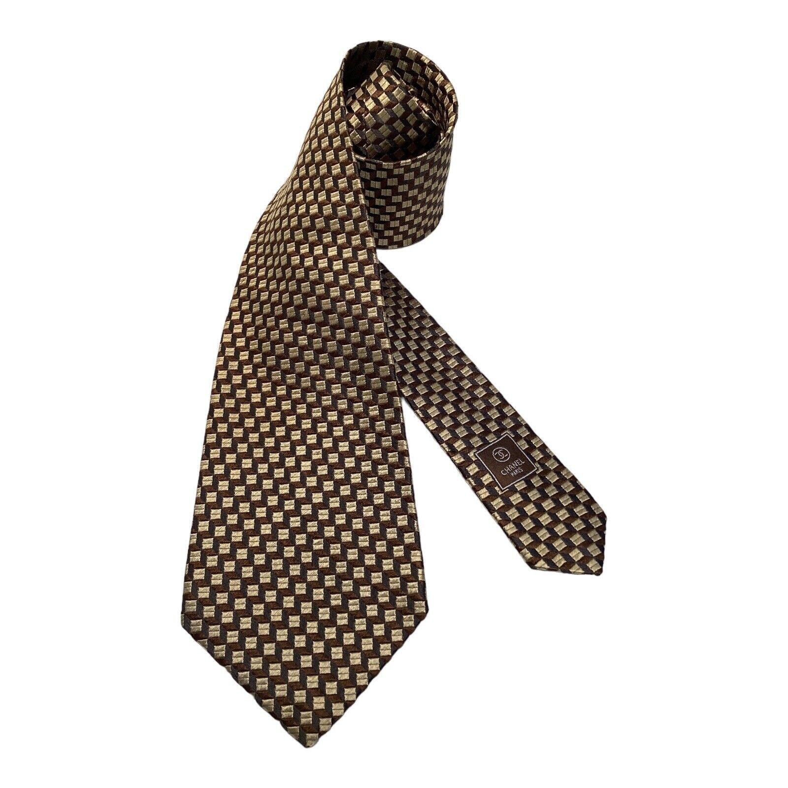 Chanel CHANEL Paris Gold Brown Geometric Luxury Designer Silk Tie I Size ONE SIZE - 1 Thumbnail