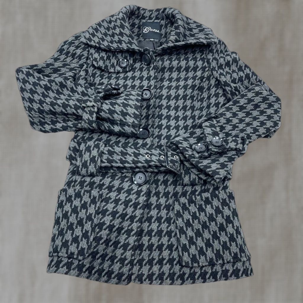 Guess Guess Coat Women Small Black Gray Houndstooth Wool Blend Pea Coat Belted Jacket Size S / US 4 / IT 40 - 1 Thumbnail