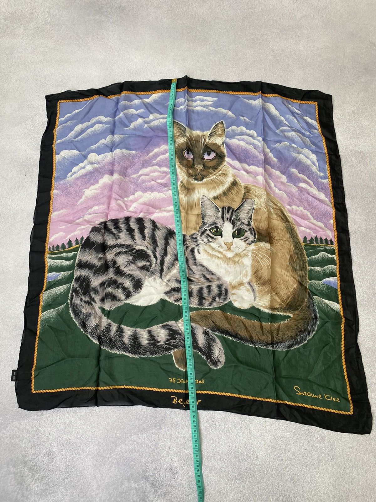 Designer × Vintage SCARF VINTAGE SUZANNE Klee Beyeler Siamese Cats Green Silk Size ONE SIZE - 11 Thumbnail