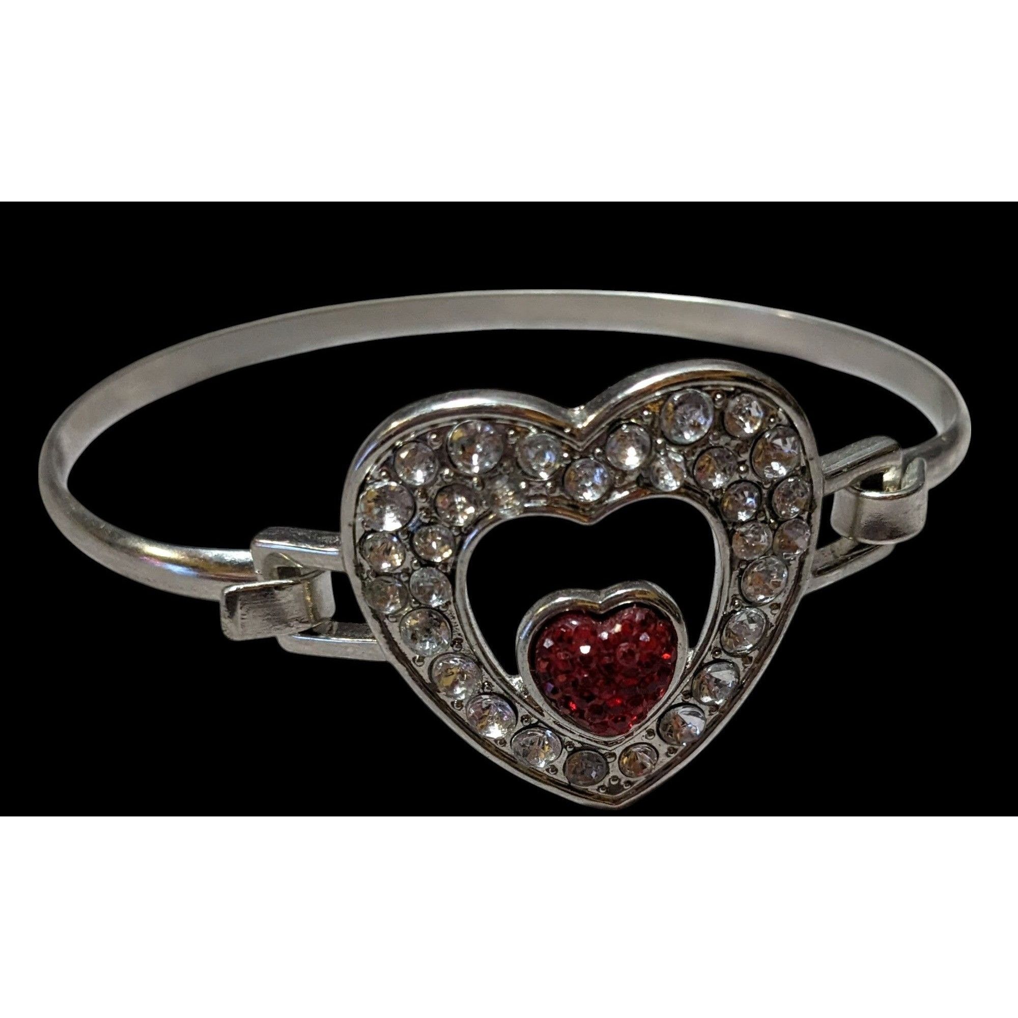 Other Silver And Red Gemmed Heart Bangle Bracelet Size ONE SIZE - 2 Thumbnail