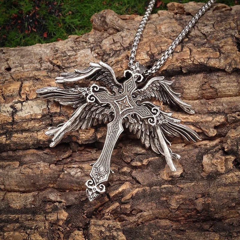 Jewelry × Vintage Classic Retro Angel Wings Cross Pendant Necklace Size ONE SIZE - 4 Thumbnail