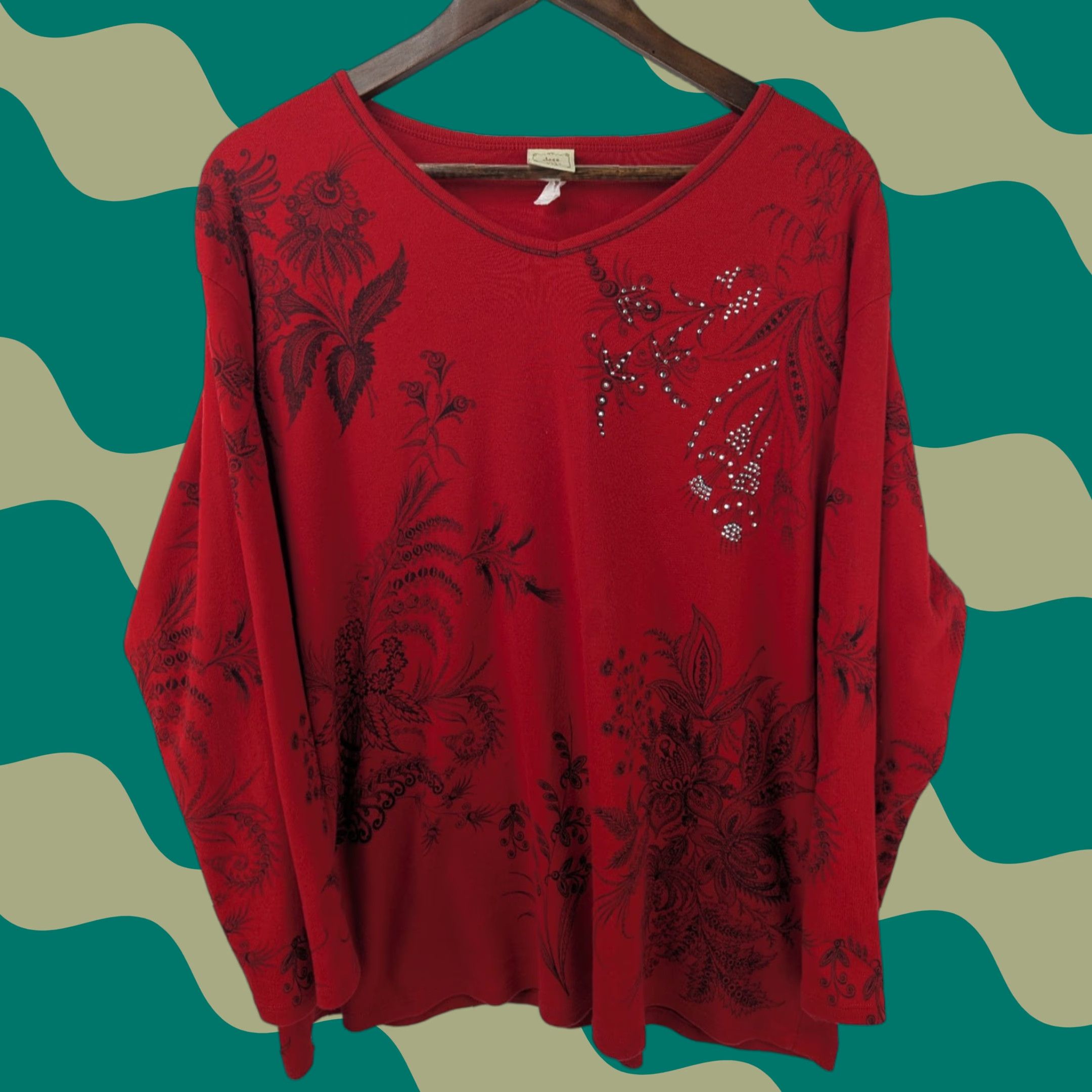 Vintage Jess & Jane Rhinestone Flower Print Red Tunic Top Shirt Blouse USA Women's Vintage Size XXL / US 16-18 / IT 52-54 - 1 Thumbnail