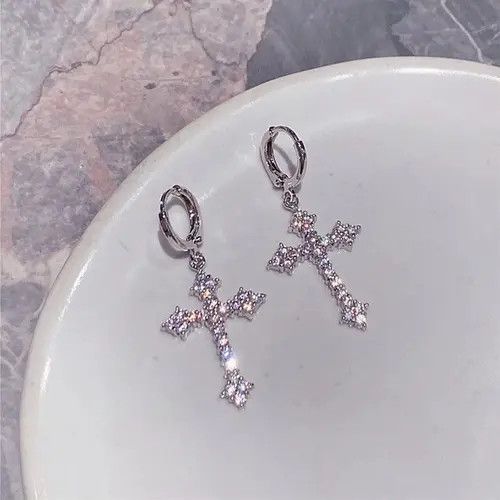 Jewelry × Sterling Silver Zircon Crystal Cross earrings （1pairs） Size ONE SIZE - 2 Thumbnail