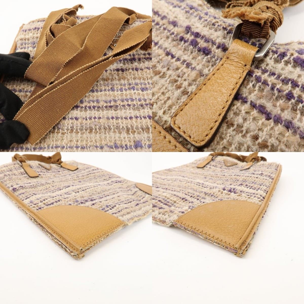 Prada Prada Triangle Logo Tweed Leather Tote Tan Size ONE SIZE - 4 Thumbnail
