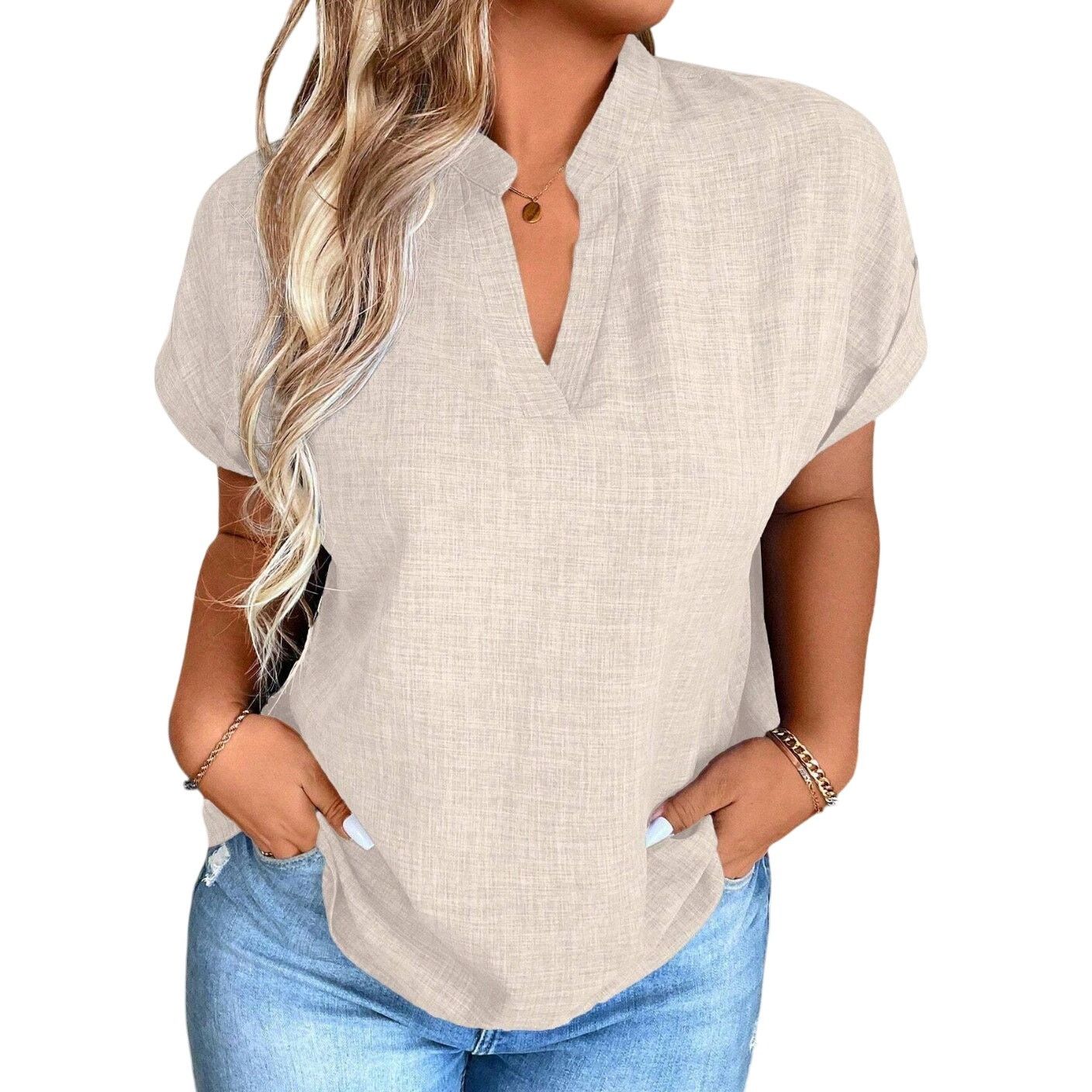 Shein V-Neck Bat Short Sleeve Loose Shirt in Beige, Size 2XL Size XXL / US 16-18 / IT 52-54 - 1 Thumbnail