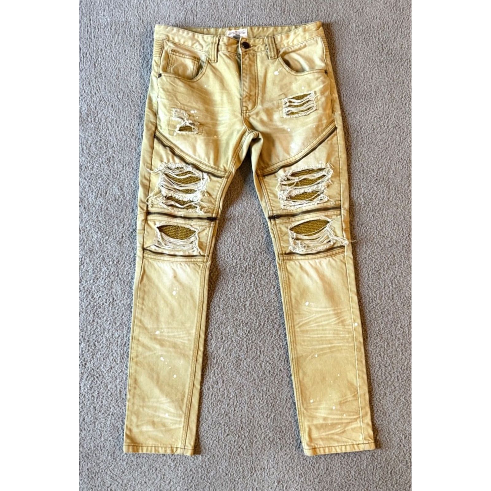 Vintage Smoke Rise Jeans Distressed Slim Fit 34 x 33.5 Men Denim Cotton Zipper 5-Pocket Tan Yellow Shirt? Size US 34 / EU 50 - 2 Thumbnail