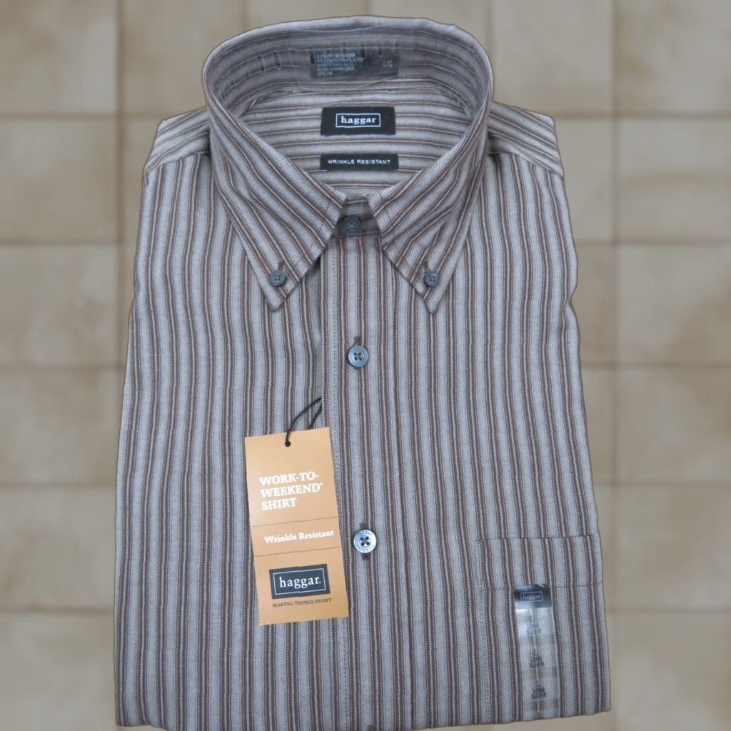 Haggar NWT Haggar Button-Up Dress Shirt Striped Long Sleeve Brown L Large Button-Down Collared Casual Business Men Size US M / EU 48-50 / 2 - 1 Thumbnail
