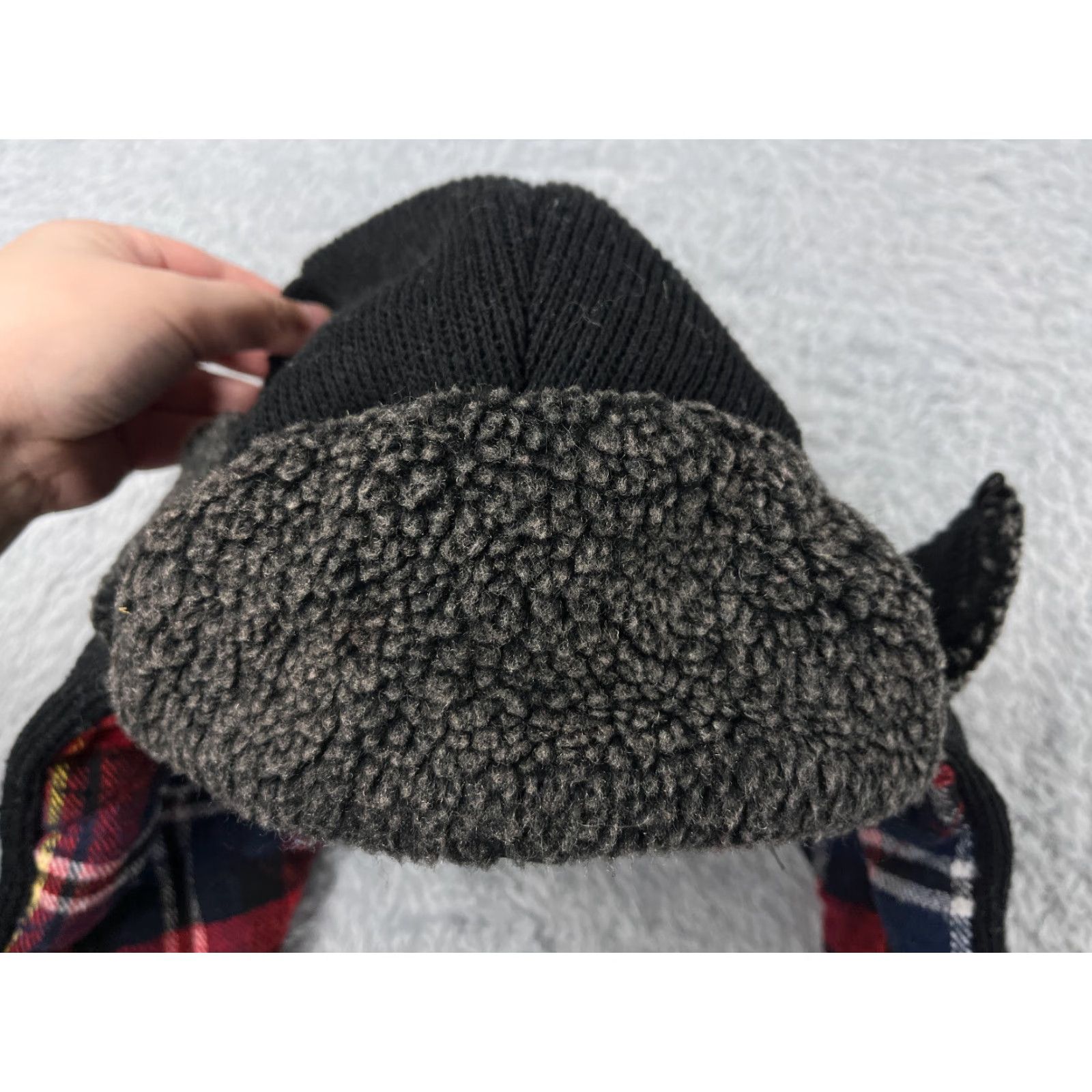 Vintage VINTAGE Henry K Jacobi Co Trapper Hat / Beanie Adult One Size Black Red Plaid Knit Wool Faux Fur Ear Flap Hat Mens Camp Outdoor 90s Size ONE SIZE - 2 Thumbnail