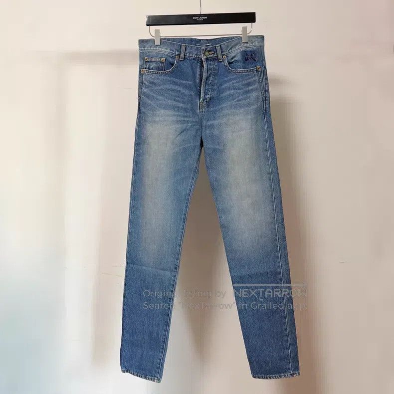 Saint Laurent Paris Saint Laurent Paris Slogan Embroidered Distressed Denim Je Size US 31 - 1 Thumbnail