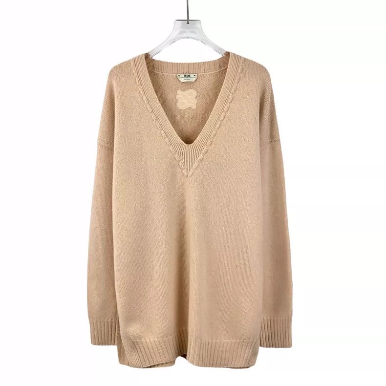 Fendi FENDI Beige Cashmere Logo Embroidered Cashmere V-Neck Long Size XS / US 0-2 / IT 36-38 - 1 Thumbnail