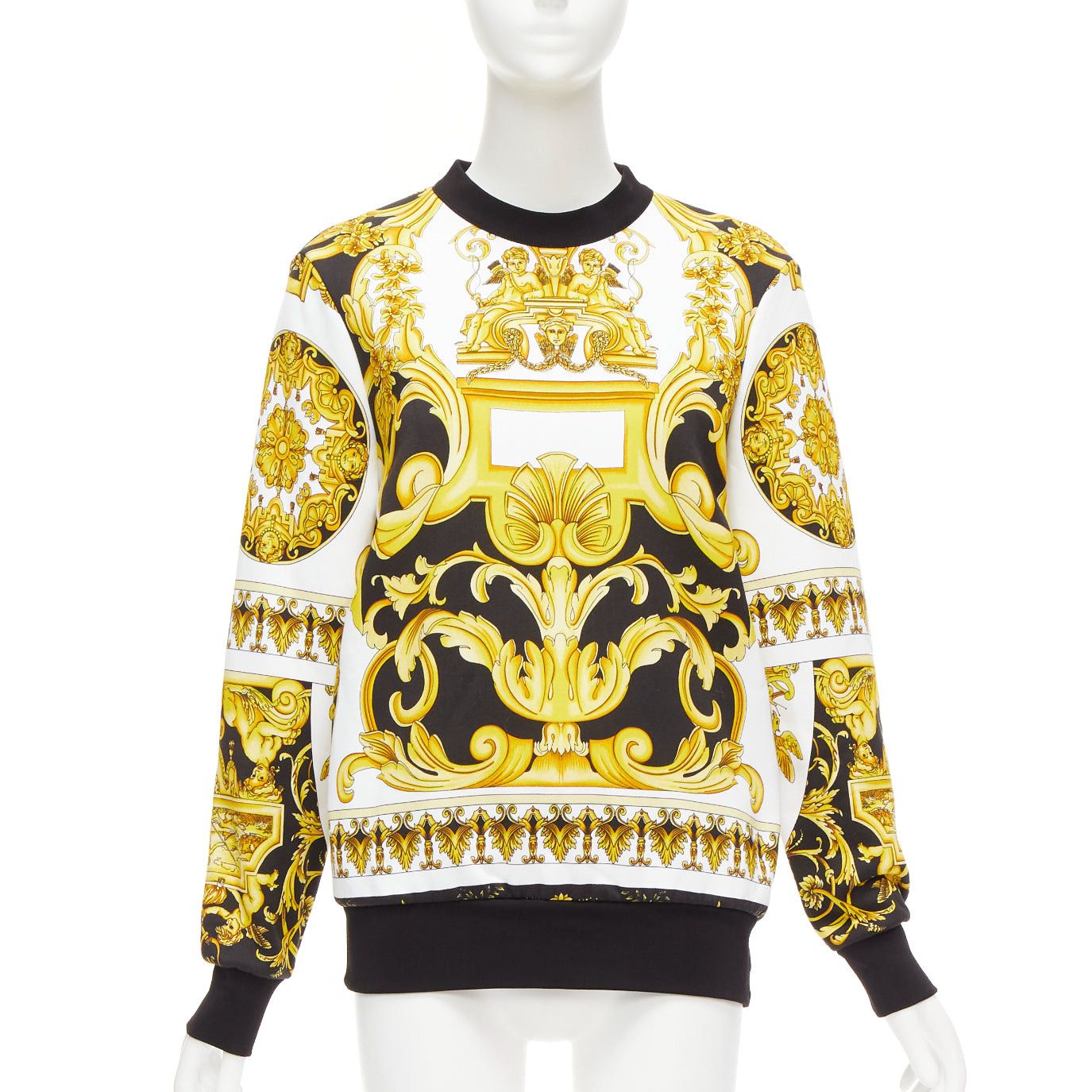 Image of Versace Barocco Tribute Black Gold Print Cotton Oversized Crew Sweater It38 Xs, Women's