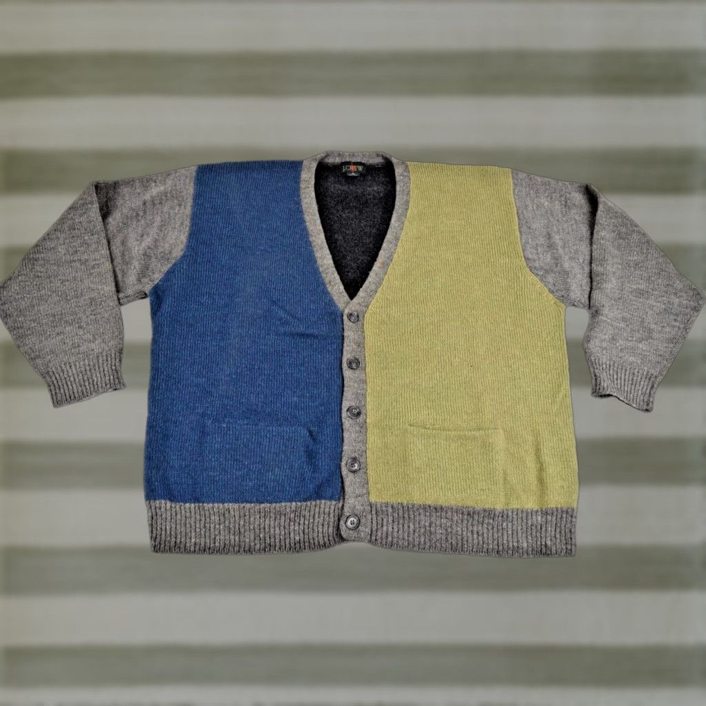 VINTAGE J. CREW Sweater Shirt XL 1990s Color Block Gray Green Blue Wool Cardigan Mens