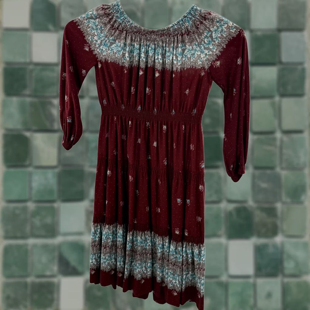 AYR VINTAGE Ayres Floral Peasant Dress Boho Chic Midi Dress Long Sleeve Red Off the Shoulder Smocked Neckline Womens M Size M / US 6-8 / IT 42-44 - 1 Thumbnail