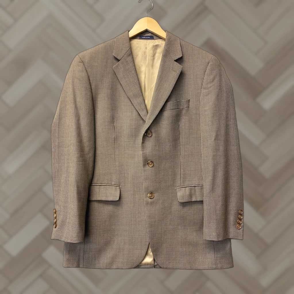 VINTAGE Ralph Lauren Blazer Jacket 40R Houndstooth Wool Men Regular 3-Button Notch Lapel Brown/Blue Label Mens