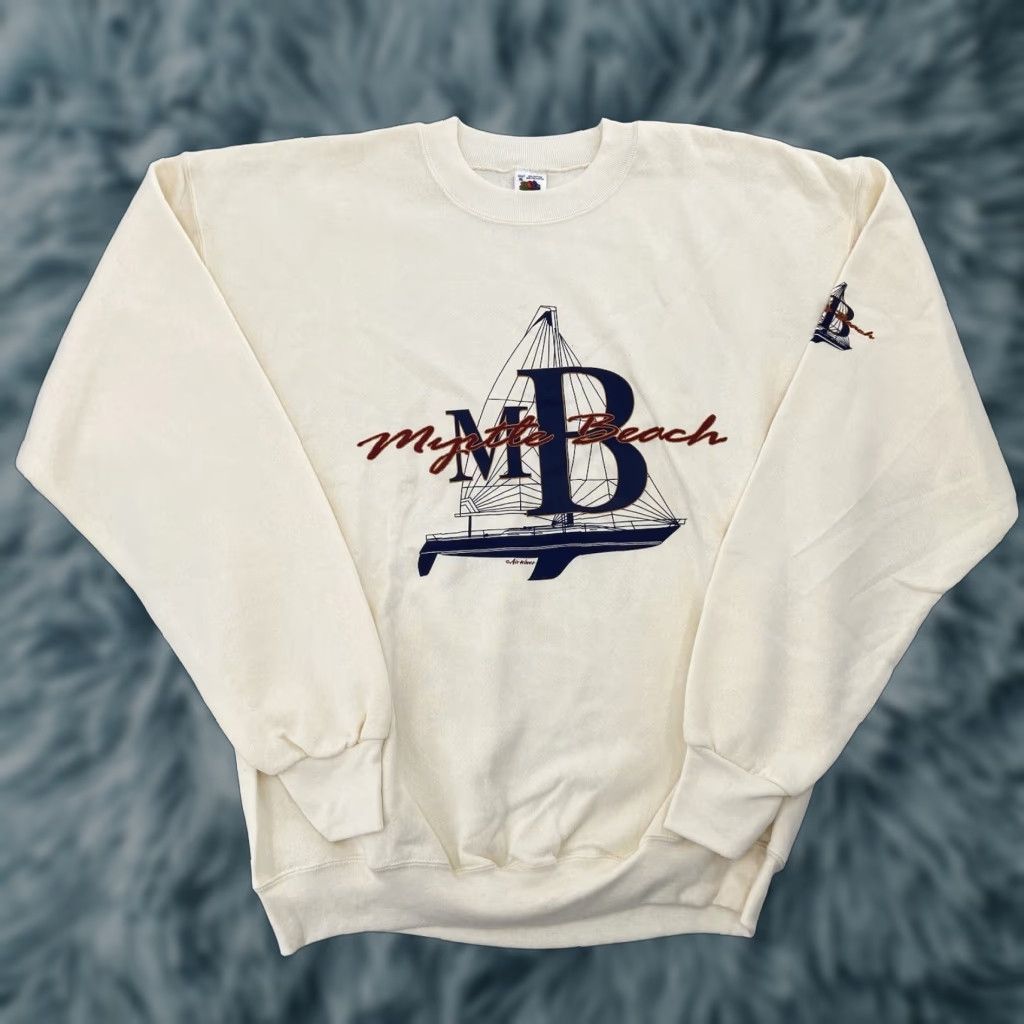 Fruit Of The Loom Vintage Myrtle Beach Sweatshirt Unisex Adult XL Ivory Sailboat Beach Air Waves Cotton Pullover Size XL / US 12-14 / IT 48-50 - 1 Thumbnail