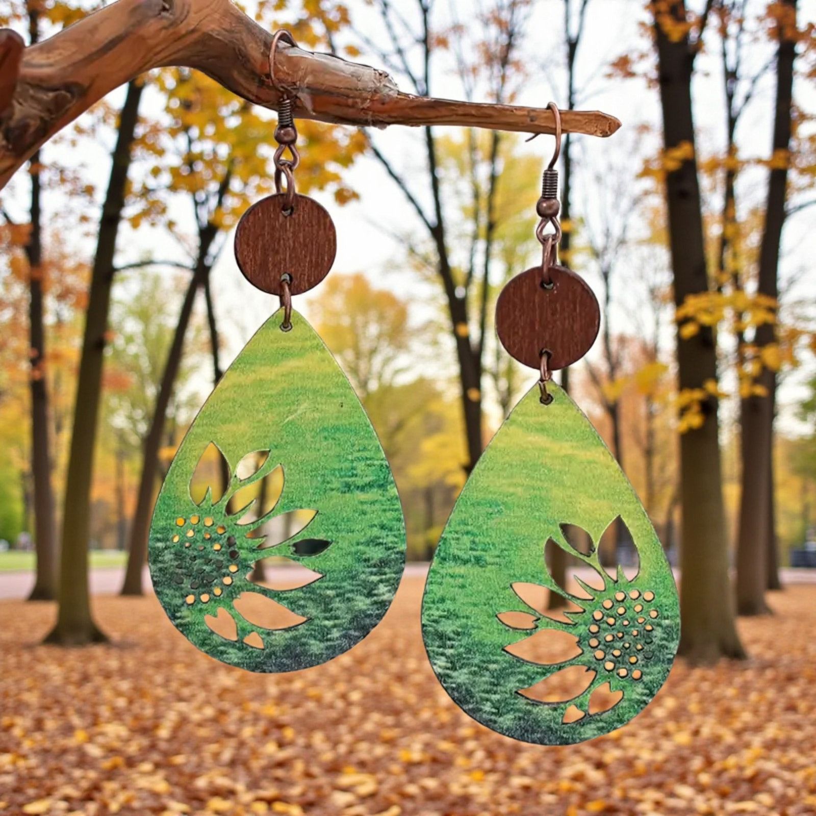 Other Green Sunflower Wooden Teardrop Earrings Boho Floral Dangle Size ONE SIZE - 3 Thumbnail