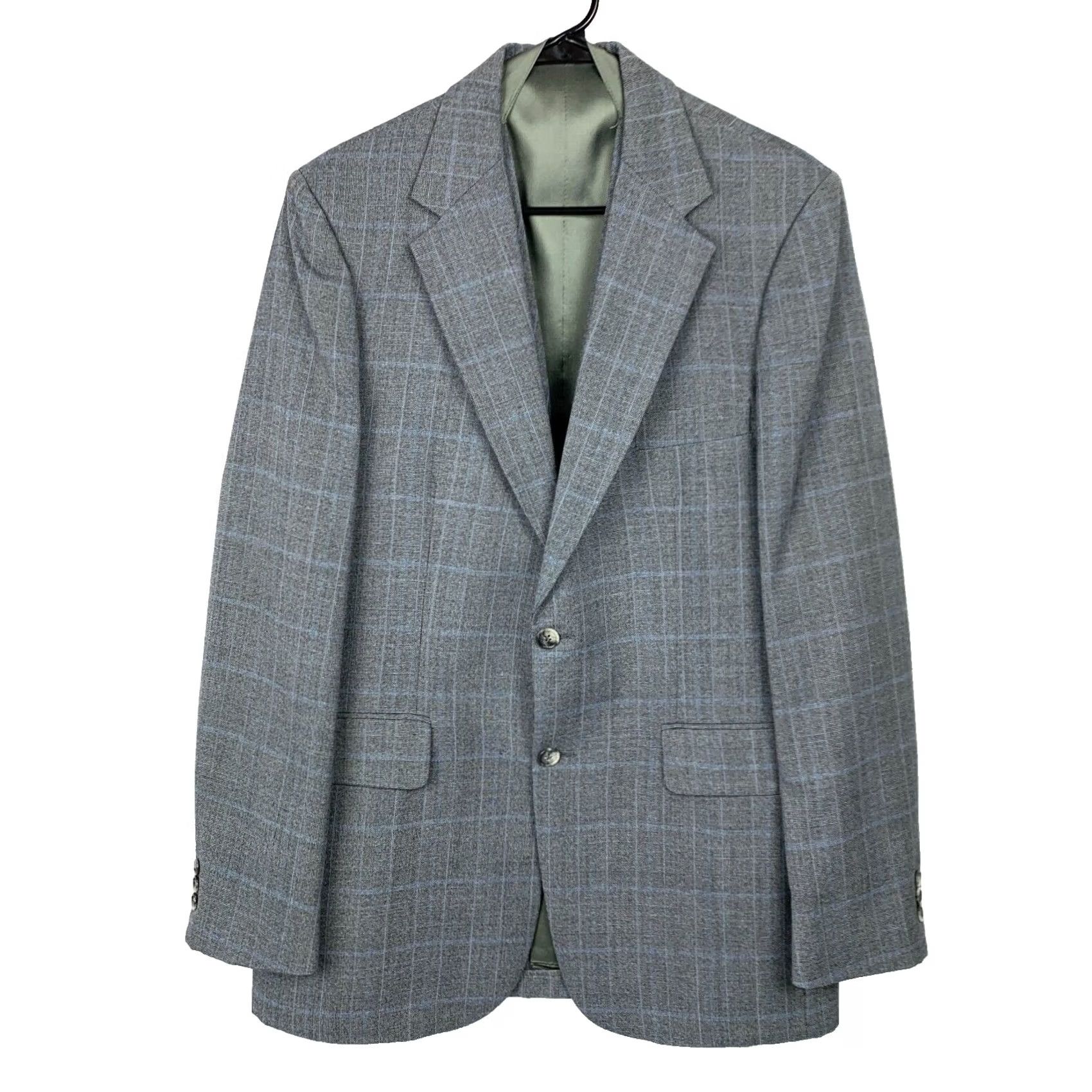 George VINTAGE Allyn St George Plaid Bespoke Blue Gray 3 Three Piece Suit 40 x 34.5 Mens Pants Jacket Vest Chest 20" Waist 19" Inseam 34.5" Gray 1980s Size 40R - 2 Thumbnail