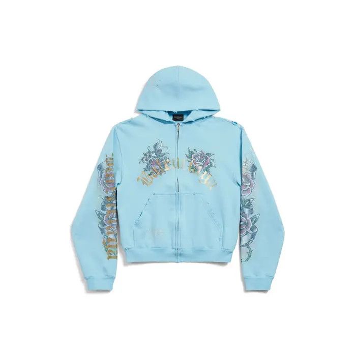 Balenciaga o1bcso1str0426 Tacky Tattoo Zip-Up Hoodie Small Fit in Blue Size XS / US 0-2 / IT 36-38 - 1 Thumbnail