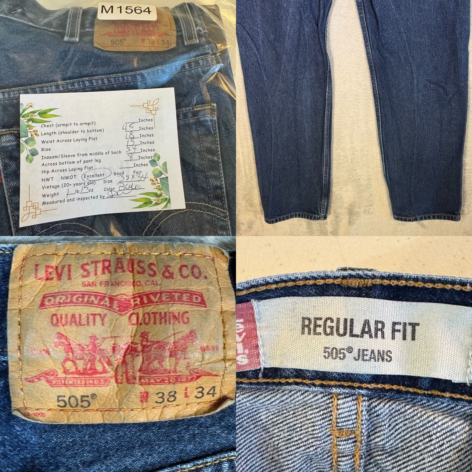 Levi's Levi’s 505 Jeans Men’s 38 x 34 Blue Denim Stretch Mid-Rise Straight Leg Size US 38 / EU 54 - 8 Thumbnail