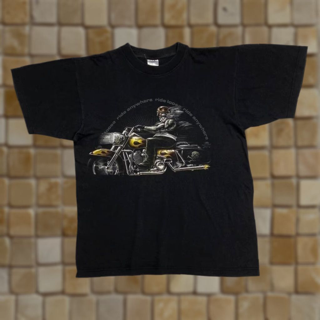 Vintage VINTAGE American Flag Ride Loose Ride Anywhere Gothic Biker Graphic T-Shirt Small Mens Short Sleeve Black Cotton Size S Size US S / EU 44-46 / 1 - 1 Thumbnail