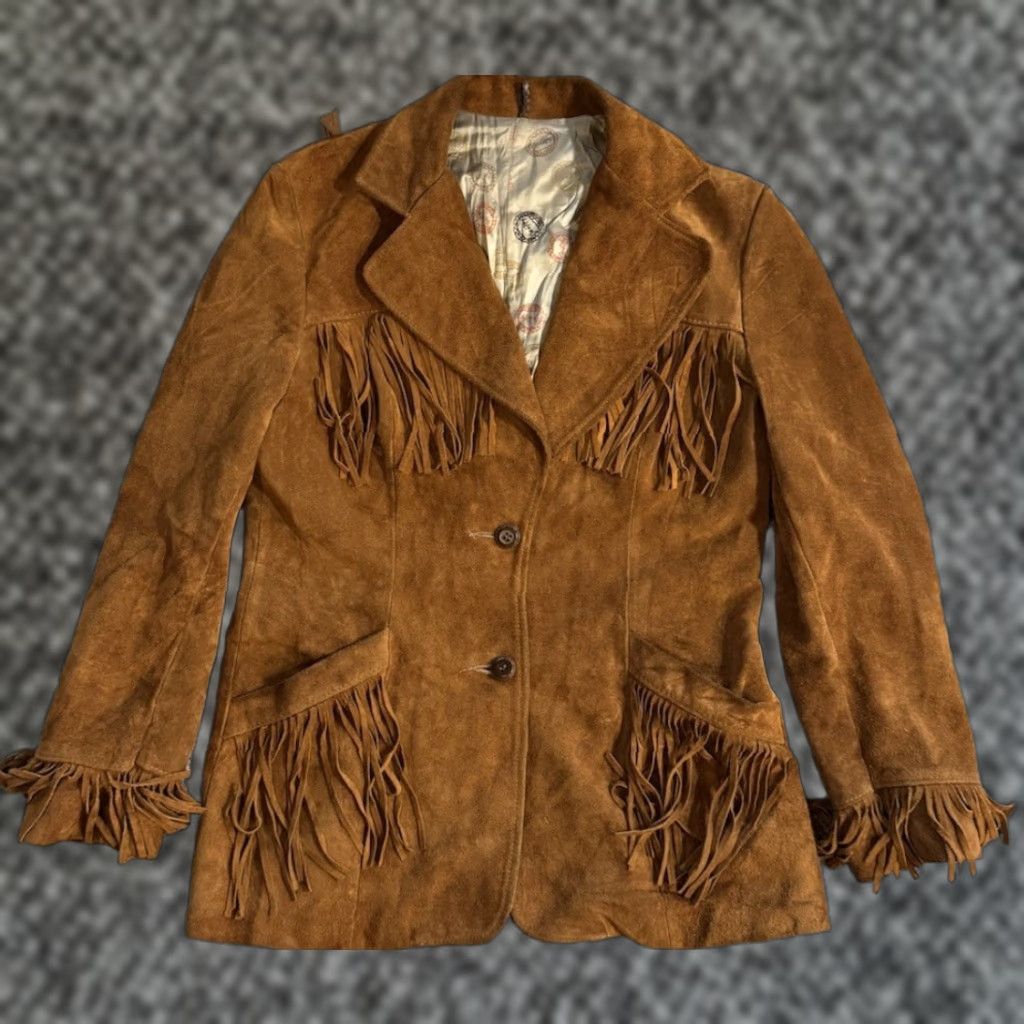 Vintage VINTAGE Joo Kay Suede Leather Western Fringe Jacket Women’s Size 14 Cowgirl Brown 1960s Cowgirl Western Mens Womens Size XL / US 12-14 / IT 48-50 - 1 Thumbnail